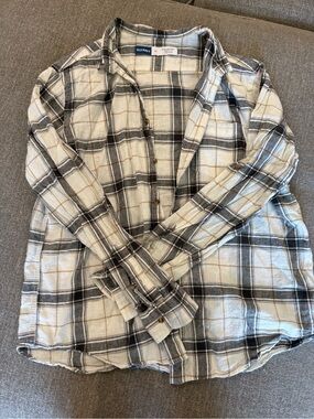 Old Navy Cream, Black & Tan Plaid Linen-Blend Shirt